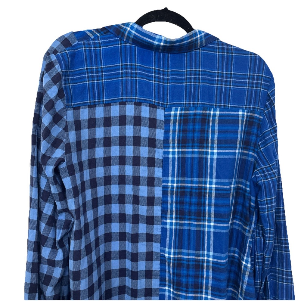 Coldwater Creek Into The Mix Plaid Flannel Top L Sapphire Blue Mixed Patchwork - Picture 5 of 9